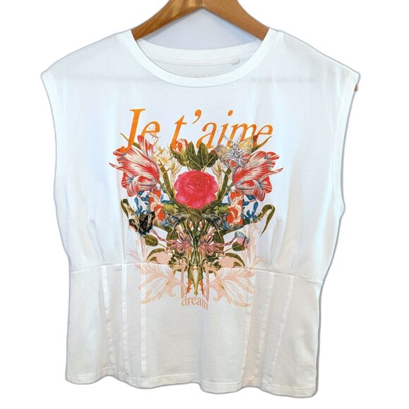 Guess Eco | Je T'aime Corset Tee Floral Graphic in Pure White | Size Medium - Picture 6 of 12